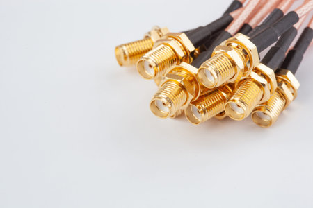 High-frequency ipx to sma female cable connector with gold plated pins. Coaxial cable with connectors for special telecommunication equipment.の写真素材