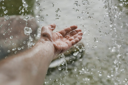splashing water falling on a man's hand from a waterfall.