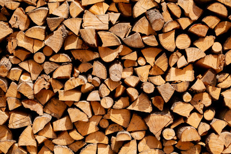 Background of stacked chopped wood logs. Pile of wood logs ready for winter. Wooden stumps, firewood...
