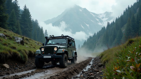 Four wheel off road jeep car on green grass with tree forest adventure activityの素材
