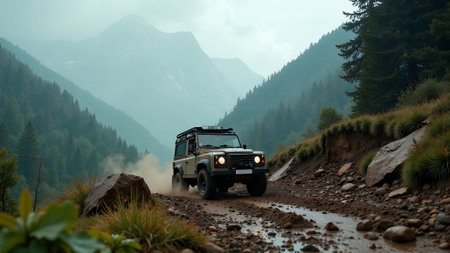 Four wheel off road jeep car on green grass with tree forest adventure activityの素材