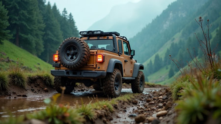 Four wheel off road jeep car on green grass with tree forest adventure activityの素材