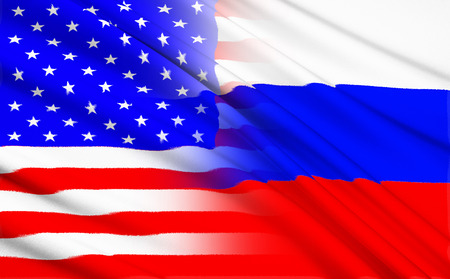 The concept of political - American flag fades into the Russian flagの写真素材