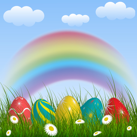 Illustration of a rainbow with green grass and colorful eggs.のイラスト素材