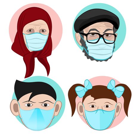 Avatars of grandmother and grandfather, a boy and a girl in protective face masks, created in conjunction with the coronovirus - Covid-19. Vector illustrationのイラスト素材