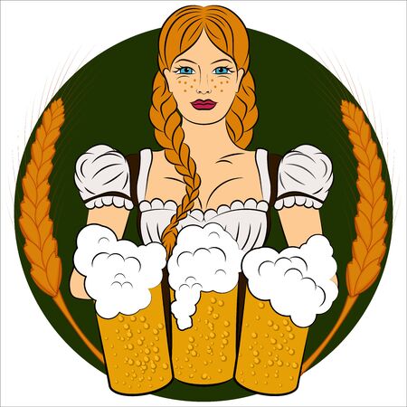 German girl with golden braids, big breasts in a traditional dress holding three mugs of beer. Oktoberfest. Vector illustration.のイラスト素材