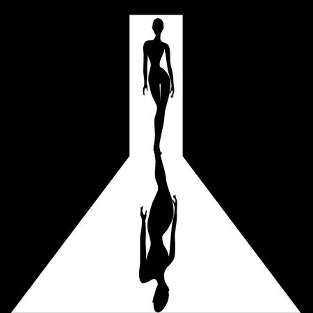 Silhouette of a young girl with a beautiful and slim figure in a doorway is featured in a minimalist fashion. Vector illustration のイラスト素材