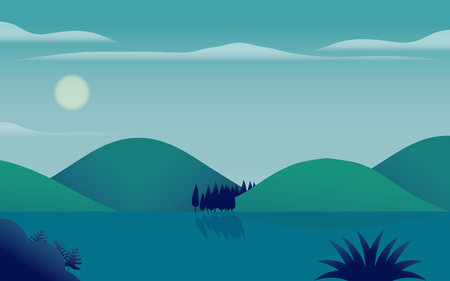 water lake with green hill and sunrise  flat design vectorのイラスト素材