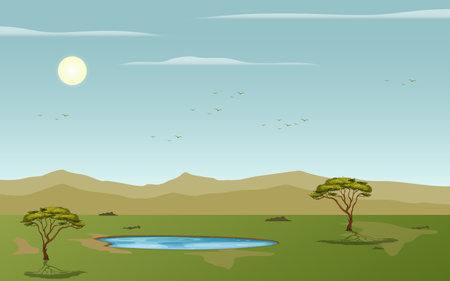 green wild landscape with green trees and mountains vectorのイラスト素材