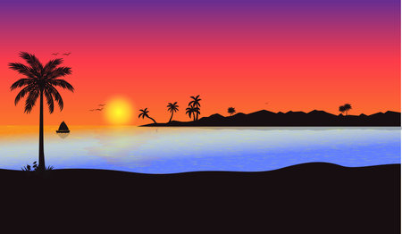 beautiful sunset beach orange color sea water landscape view vectorのイラスト素材