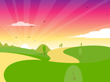 the beautiful sunrise landscape on green hill vectorのイラスト素材