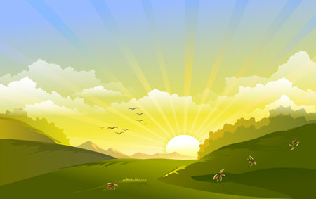 beautiful sunrise from the green hill with white cloudsのイラスト素材