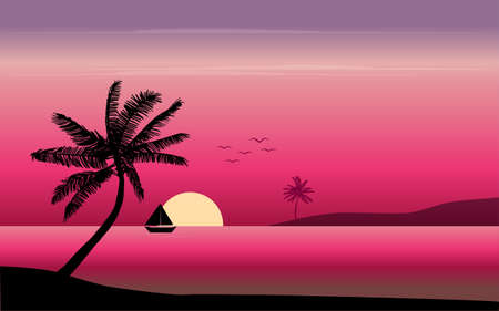 sunset view with palm tree and boat on the sea vectorのイラスト素材