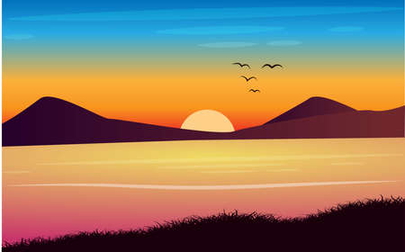 beautiful sunset mountains on the lake vectorのイラスト素材