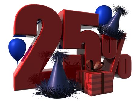 3D Render of 25 percent sale sign with party hats balloons and wrapped gift isolated on a white backgroundの写真素材