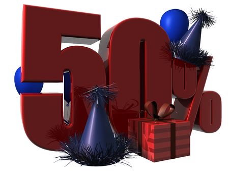 3D Render of 50 percent sale sign with party hats balloons and wrapped gift isolated on a white backgroundの写真素材