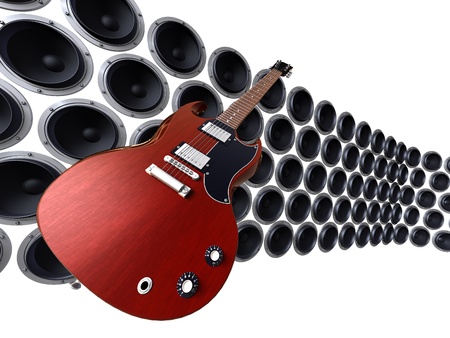 3D render of guitar floating in front of a wall of loudspeakersの写真素材