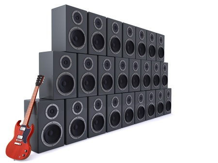 3D render of electric guitar leaning against a mountain of loudspeakersの写真素材