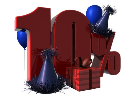 3D Render of 10 percent sale sign with party hats balloons and wrapped gift isolated on a white backgroundの写真素材