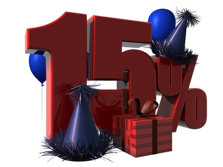 3D Render of 15 percent sale sign with party hats balloons and wrapped gift isolated on a white backgroundの写真素材