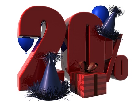 3D Render of 20 percent sale sign with party hats balloons and wrapped gift isolated on a white backgroundの写真素材
