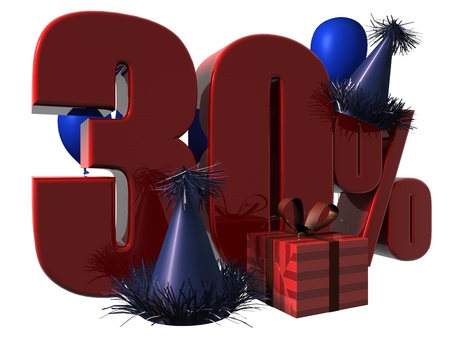 3D Render of 30 percent sale sign with party hats balloons and wrapped gift isolated on a white backgroundの写真素材