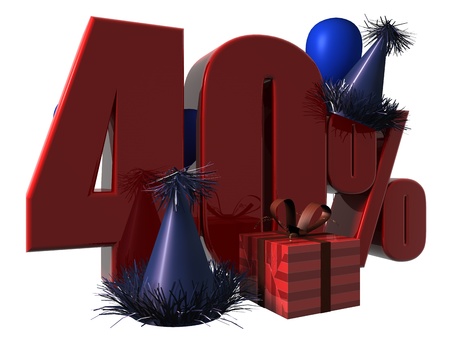 3D Render of 40 percent sale sign with party hats balloons and wrapped gift isolated on a white backgroundの写真素材