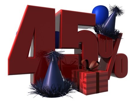 3D Render of 45 percent sale sign with party hats balloons and wrapped gift isolated on a white backgroundの写真素材