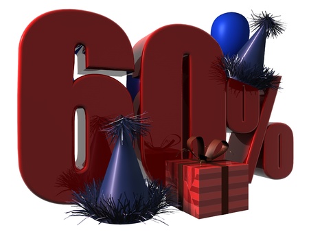 3D Render of 60 percent sale sign with party hats balloons and wrapped gift isolated on a white backgroundの写真素材