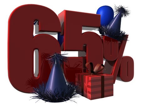3D Render of 65 percent sale sign with party hats balloons and wrapped gift isolated on a white backgroundの写真素材