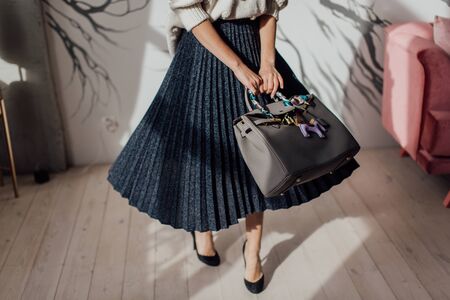 Multi-colored leather bags, in a room with a good interior and beautiful colored furniture, sometimes a girl is in the frameの写真素材