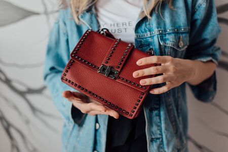 Multi-colored leather bags, in a room with a good interior and beautiful colored furniture, sometimes a girl is in the frameの写真素材