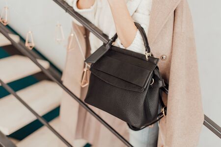 Multi-colored leather bags, in a room with a good interior and beautiful colored furniture, sometimes a girl is in the frameの写真素材