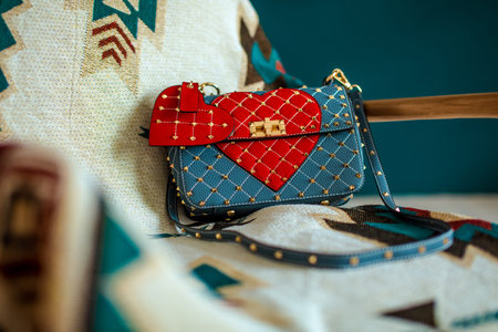 Multi-colored leather bags, in a room with a good interior and beautiful colored furniture,...