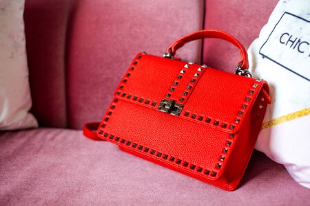 Multi-colored leather bags, in a room with a good interior and beautiful colored furniture, sometimes a girl is in the frameの写真素材
