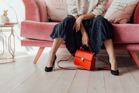 Multi-colored leather bags, in a room with a good interior and beautiful colored furniture, sometimes a girl is in the frameの写真素材