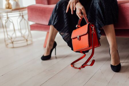 Multi-colored leather bags, in a room with a good interior and beautiful colored furniture, sometimes a girl is in the frameの写真素材