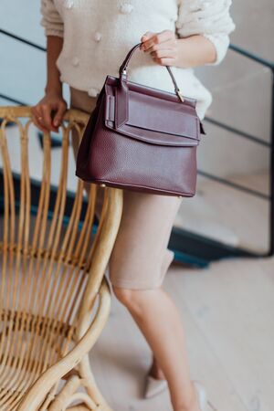Multi-colored leather bags, in a room with a good interior and beautiful colored furniture, sometimes a girl is in the frameの写真素材