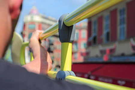 Man in sightseeing bus in Nice, blurredの写真素材