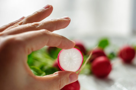 Slice of radish in hand on radishes backgroundの写真素材