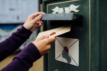 Mailing letter with wax seal to old postbox on streetの写真素材