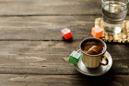 Turkish coffee with delight lokumの写真素材