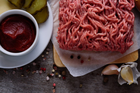 raw minced meat on paper, ingredients for burger with tomato, onion and seasonings on wooden...