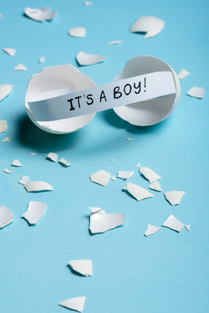 Baby shower concept. Boy, blue. Cracked egg with a message IT'S A BOY. Like fortune cookies
