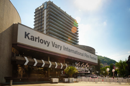 KARLOVY VARY, CZECH REPUBLIC - JULY 02, 2019: The red carpet entrance to the Hotel Thermal 54th Karlovy Vary International Film Festival is shown on July 02, 2019 in Karlovy Vary, Czech Republic.のeditorial素材