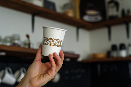 Biodegradable paper cup in barista hand in modern cafe. Recycle, zero waste and composting concept