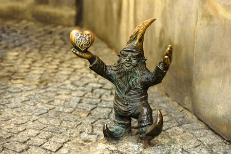 Wroclaw, Poland - June 25, 2019: City symbol landmark sculpture dwarfs in different situations. Krasnoludki, gnomesのeditorial素材