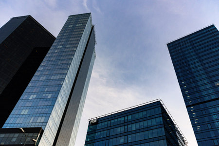 Tallinn business district from below. Glass skyscrapers