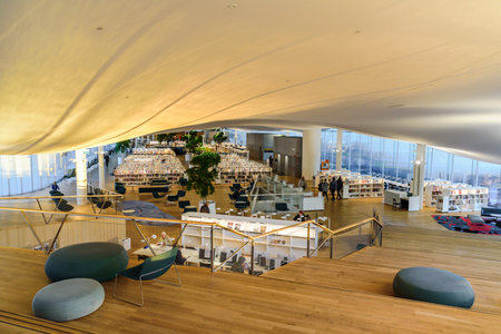 HELSINKI, FINLAND - December 28, 2019: Helsinki Central Library Oodi - modern library. Interior,...