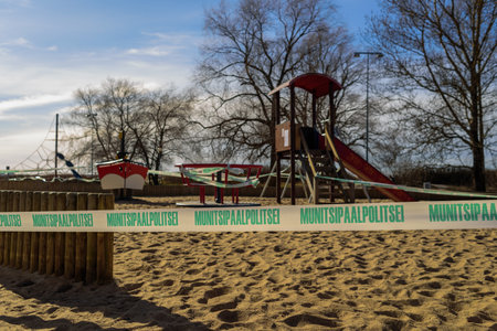 Tallinn, Estonia - March 24, 2020: Closed playgrounds at Stroomi beach due coronavirus quarantineのeditorial素材
